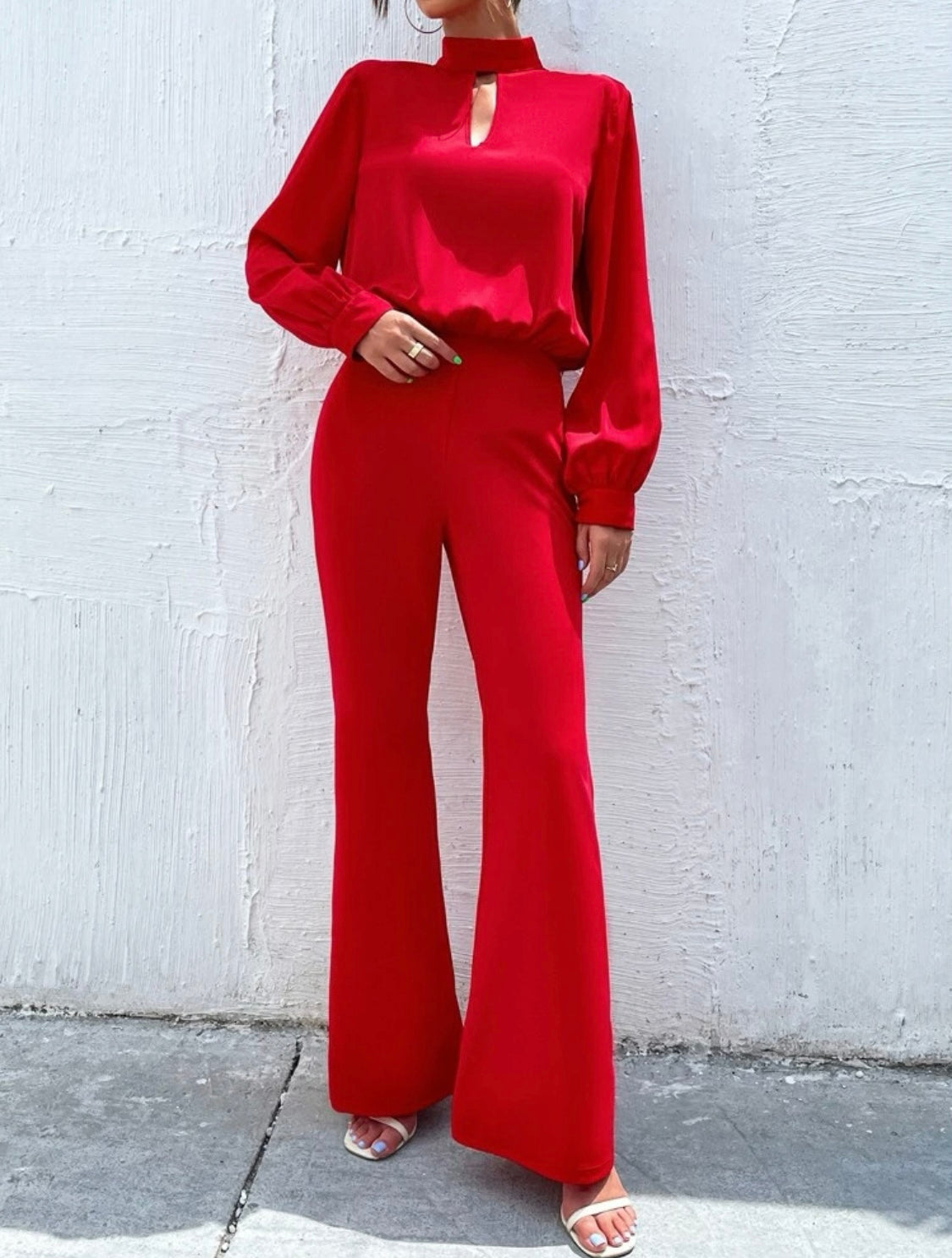 Raiza-Elegant Damen Jumpsuit mit Laternenärmeln ohne Gürtel